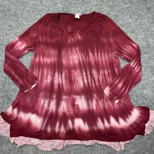 Janette Plus  Blouse Womens  2XL Red Tie Dye Casual Tunic Lace Trim Flowy